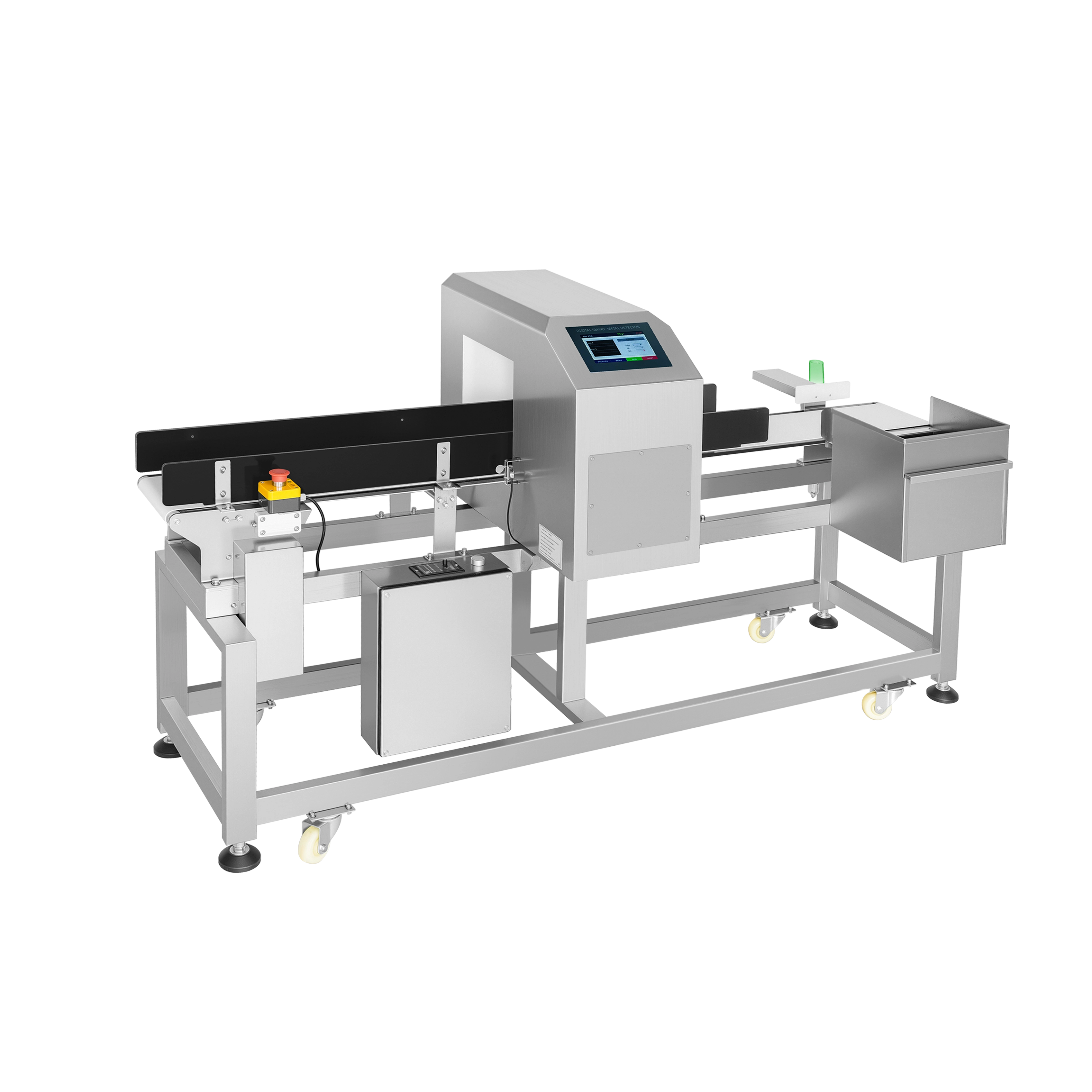 Detector de metais com rejeição de empurrador para produtos de médio porte