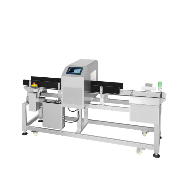 Detector de metais com rejeição de empurrador para produtos de médio porte